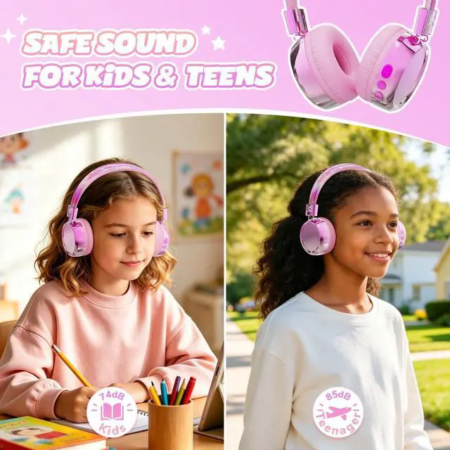 Alt view image 2 of 7 - Kids Bluetooth Headphones, 74/85dB Volume Limited, 60H Playtime, Built-in Mic, Fast Charging, Bluetooth 5.4, Foldable Toddler Wireless Over-Ear with AUX Cord, for iPad/Tablet/Airplane