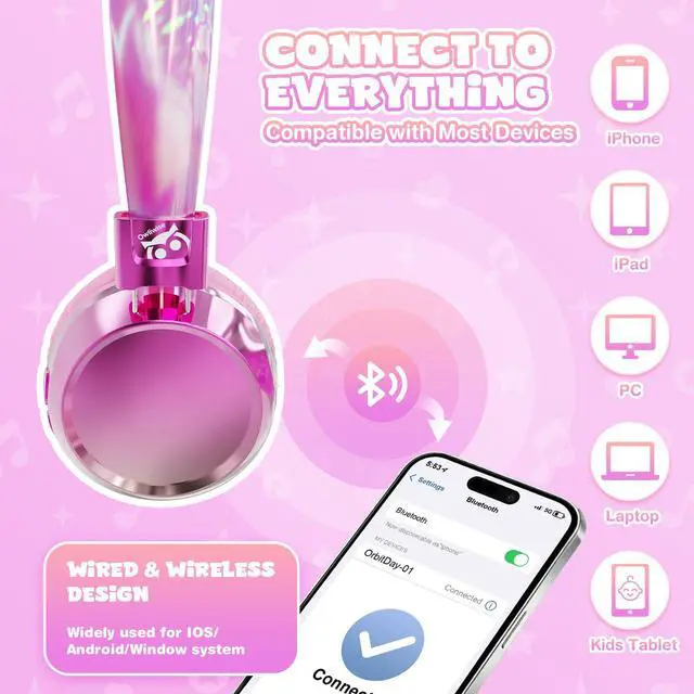 Alt view image 6 of 7 - Kids Bluetooth Headphones, 74/85dB Volume Limited, 60H Playtime, Built-in Mic, Fast Charging, Bluetooth 5.4, Foldable Toddler Wireless Over-Ear with AUX Cord, for iPad/Tablet/Airplane
