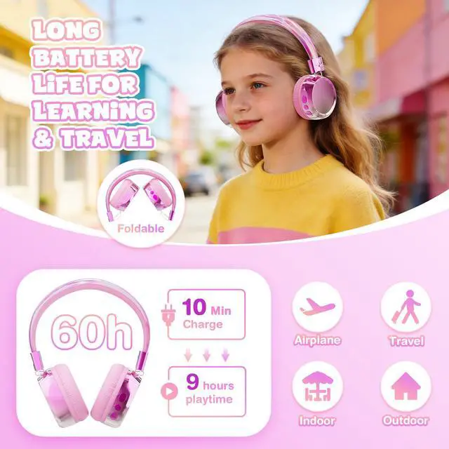 Alt view image 4 of 7 - Kids Bluetooth Headphones, 74/85dB Volume Limited, 60H Playtime, Built-in Mic, Fast Charging, Bluetooth 5.4, Foldable Toddler Wireless Over-Ear with AUX Cord, for iPad/Tablet/Airplane