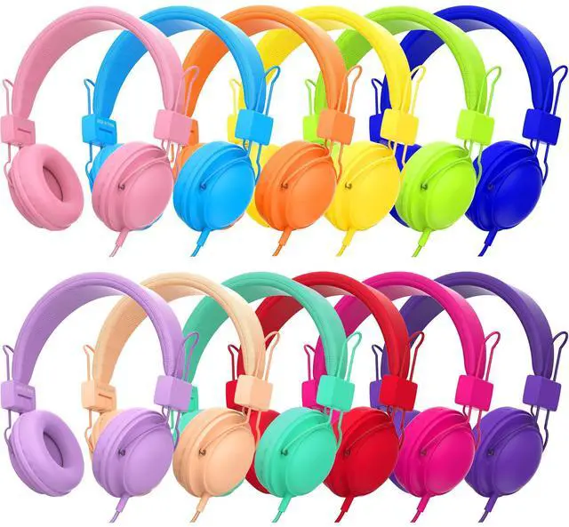 Main image of 12-Pack Classroom Headphones for K-12 Schools, Bulk Wired 3.5mm Jack | 85dB Volume-Limited, Built-in Mic, Foldable Design, Tangle-Free Cable, Audio Sharing, Made for Students, Rainbow Colors