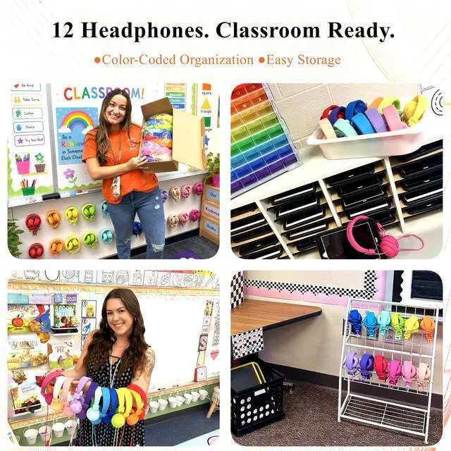 Alt view image 2 of 7 - 12-Pack Classroom Headphones for K-12 Schools, Bulk Wired 3.5mm Jack | 85dB Volume-Limited, Built-in Mic, Foldable Design, Tangle-Free Cable, Audio Sharing, Made for Students, Rainbow Colors