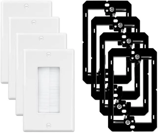 Main image of 4-Pack Brush Wall Plate with Low Voltage Mounting Bracket, White | Cable Pass Through Wall Plate Insert for Wires, Single Gang Cable Access Strap, Wall Socket for HDTV, Home Theater Systems