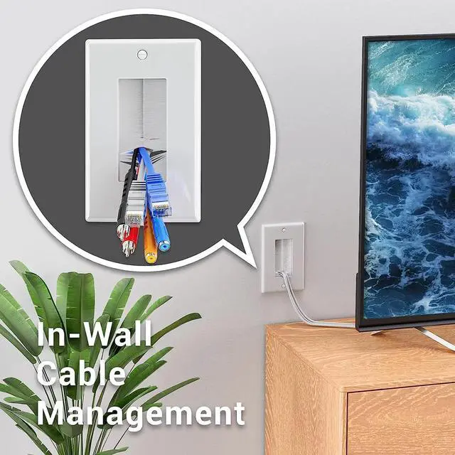 Alt view image 2 of 6 - 4-Pack Brush Wall Plate with Low Voltage Mounting Bracket, White | Cable Pass Through Wall Plate Insert for Wires, Single Gang Cable Access Strap, Wall Socket for HDTV, Home Theater Systems