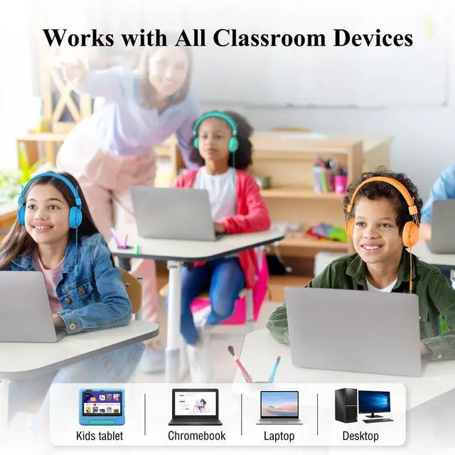 Alt view image 3 of 7 - 12-Pack Classroom Headphones for K-12 Schools, Bulk Wired 3.5mm Jack | 85dB Volume-Limited, Built-in Mic, Foldable Design, Tangle-Free Cable, Audio Sharing, Made for Students, Rainbow Colors