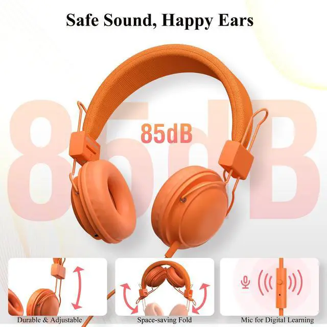 Alt view image 4 of 7 - 12-Pack Classroom Headphones for K-12 Schools, Bulk Wired 3.5mm Jack | 85dB Volume-Limited, Built-in Mic, Foldable Design, Tangle-Free Cable, Audio Sharing, Made for Students, Rainbow Colors
