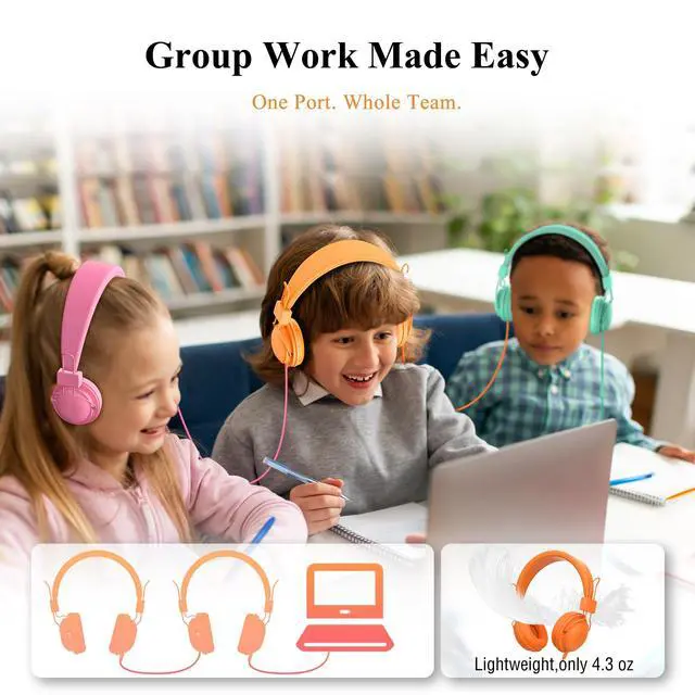 Alt view image 6 of 7 - 12-Pack Classroom Headphones for K-12 Schools, Bulk Wired 3.5mm Jack | 85dB Volume-Limited, Built-in Mic, Foldable Design, Tangle-Free Cable, Audio Sharing, Made for Students, Rainbow Colors