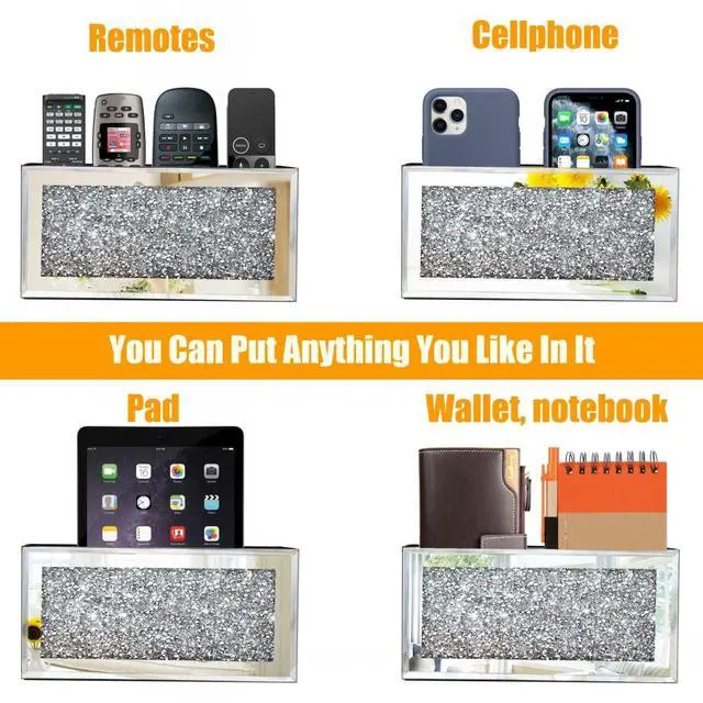 Alt view image 4 of 6 - Mirrored Remote Holder, Wall Mounted Crush Diamond Bling Decoration Organizer Storage Box for Remote Phone Pad Wallet Notebook (8.3"×2.5"×4" For 3 or 4 Remote Controls)