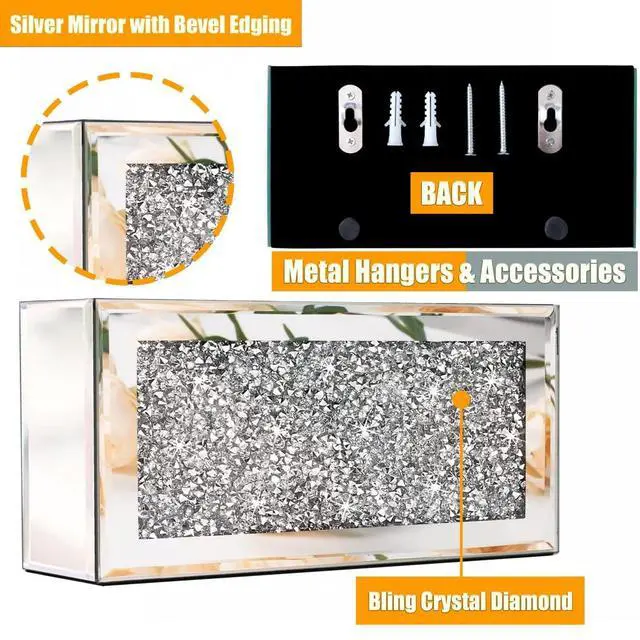 Alt view image 3 of 6 - Mirrored Remote Holder, Wall Mounted Crush Diamond Bling Decoration Organizer Storage Box for Remote Phone Pad Wallet Notebook (8.3"×2.5"×4" For 3 or 4 Remote Controls)