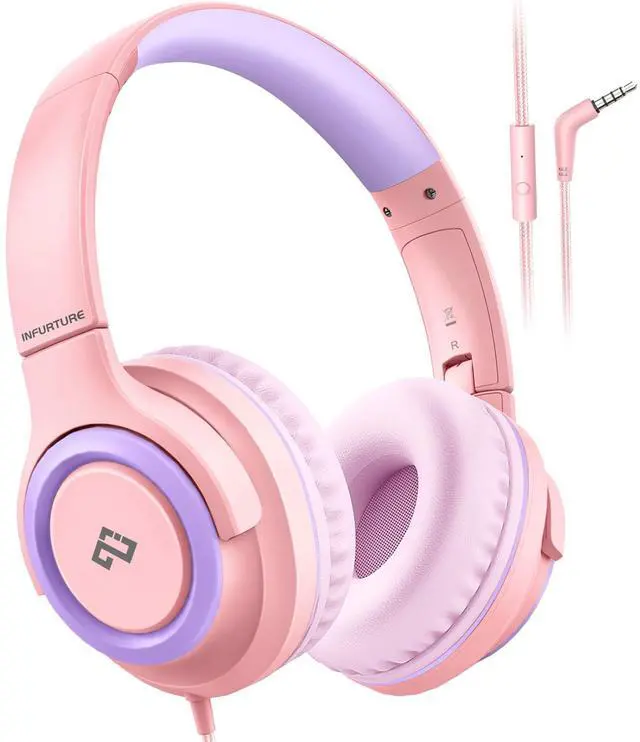 Main image of Kids Headphone for School with Microphone, Pink Wired Headphones | Adjustable for Boys/Girls, Soft Ear Muffs, Volume Limit, Foldable, Lightweight On-Ear Headphones for ipad/Travel/Tablet