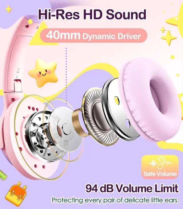 Alt view image 2 of 7 - Kids Headphone for School with Microphone, Pink Wired Headphones | Adjustable for Boys/Girls, Soft Ear Muffs, Volume Limit, Foldable, Lightweight On-Ear Headphones for ipad/Travel/Tablet