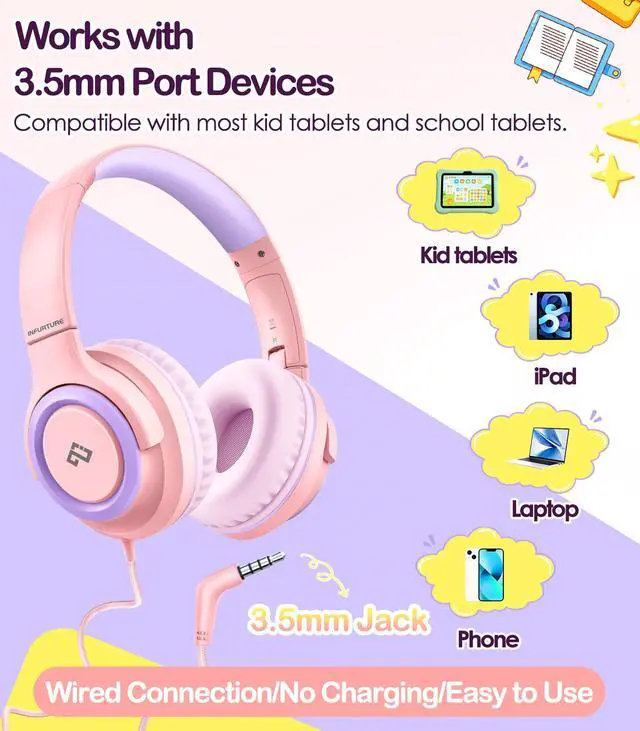 Alt view image 3 of 7 - Kids Headphone for School with Microphone, Pink Wired Headphones | Adjustable for Boys/Girls, Soft Ear Muffs, Volume Limit, Foldable, Lightweight On-Ear Headphones for ipad/Travel/Tablet