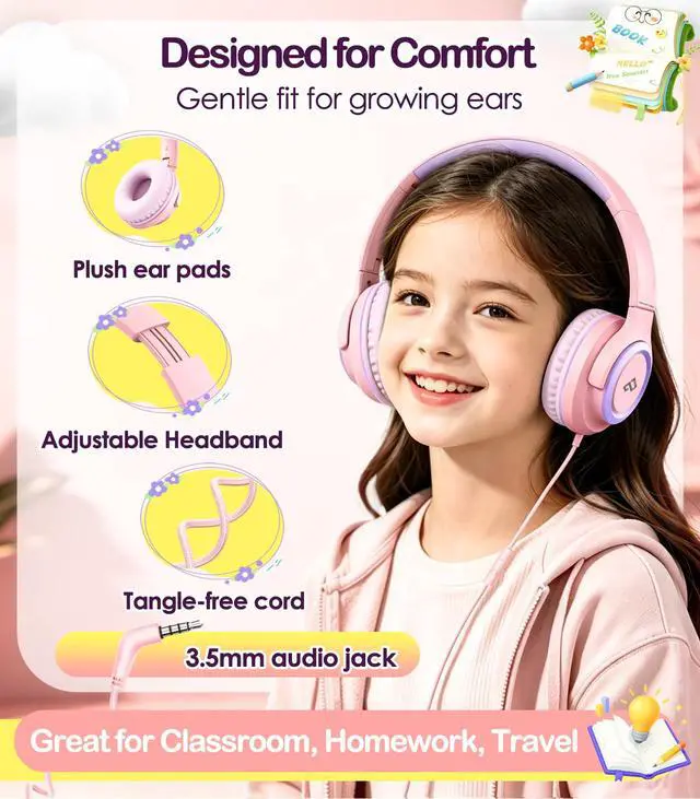 Alt view image 4 of 7 - Kids Headphone for School with Microphone, Pink Wired Headphones | Adjustable for Boys/Girls, Soft Ear Muffs, Volume Limit, Foldable, Lightweight On-Ear Headphones for ipad/Travel/Tablet