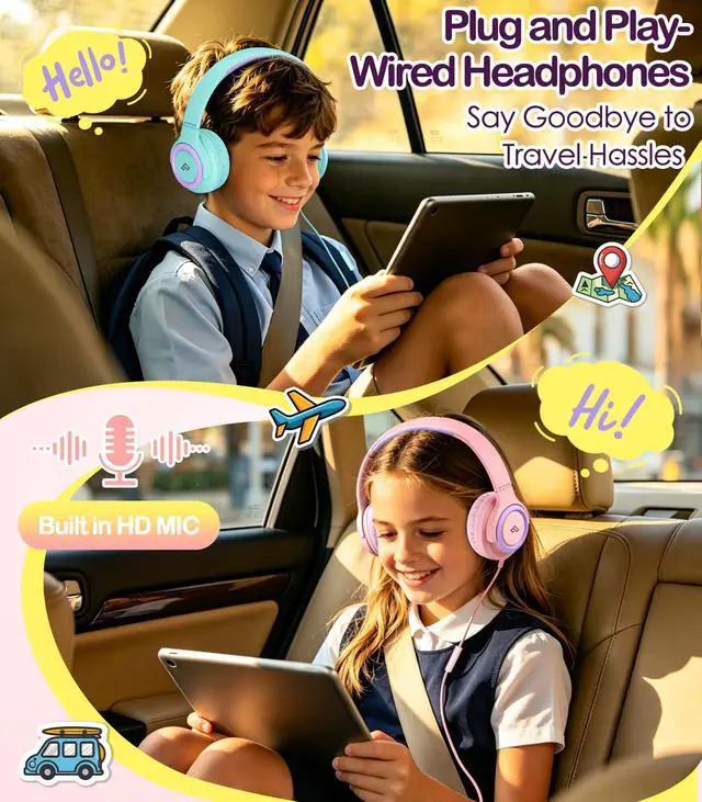 Alt view image 6 of 7 - Kids Headphone for School with Microphone, Pink Wired Headphones | Adjustable for Boys/Girls, Soft Ear Muffs, Volume Limit, Foldable, Lightweight On-Ear Headphones for ipad/Travel/Tablet