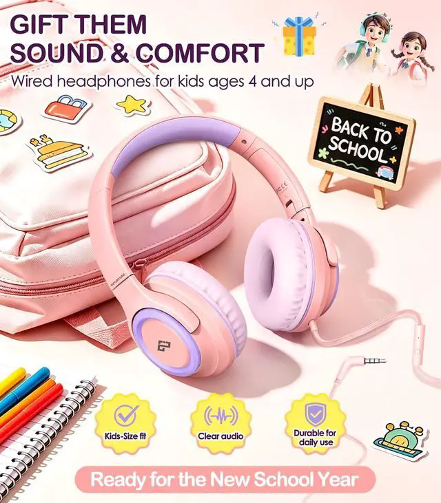 Alt view image 7 of 7 - Kids Headphone for School with Microphone, Pink Wired Headphones | Adjustable for Boys/Girls, Soft Ear Muffs, Volume Limit, Foldable, Lightweight On-Ear Headphones for ipad/Travel/Tablet