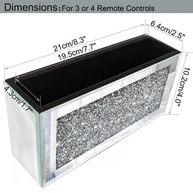 Alt view image 5 of 6 - Mirrored Remote Holder, Wall Mounted Crush Diamond Bling Decoration Organizer Storage Box for Remote Phone Pad Wallet Notebook (8.3"×2.5"×4" For 3 or 4 Remote Controls)