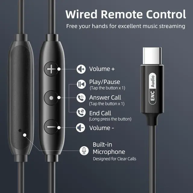 Alt view image 6 of 7 - Wired Earbuds with ENC Noise Canceling Mic, Deep Bass Stereo Wired Earphones, Plug in USB C/Type C Headphones Compatible with iPhone 17/16/15, Samsung, Android, Gaming, Laptop, Clear Calls