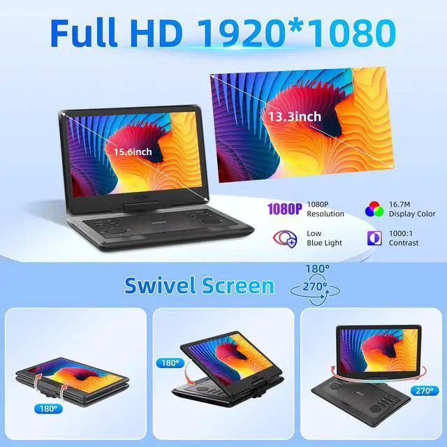 Alt view image 2 of 7 - 15.6" FHD Portable DVD Player with 13.3" Swivel Screen, 1920 * 1080P Car Player for Kids, 4 Hours Rechargeable Battery Support USB/SD Card, Multiple Disc Formats, Type-C/HDMI Port Dual Speakers
