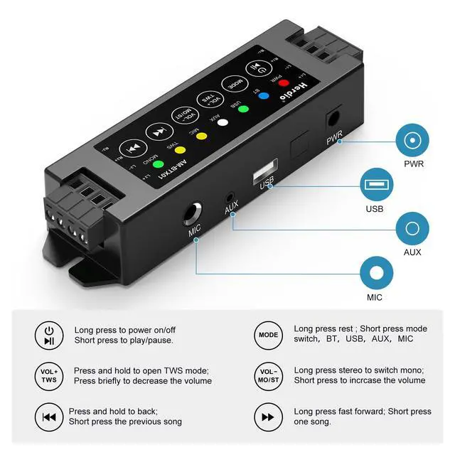 Alt view image 4 of 7 - 4-Channel Amplifier Bluetooth 5.0 Amp Receiver 200W Power Output with 19V3A AC-DC Power Supply Wall Mounting,USB/MIC/AUX/TWS,for Home/Garage/Ceiling/Passive Speakers (40W Each Channel)