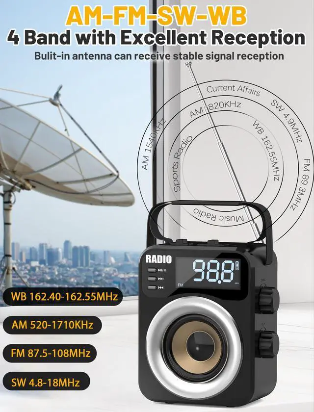 Alt view image 3 of 7 - Portable AM/FM/WB/SW Radio, 4000mAh Rechargeable & 3×D Cell Battery Powered | Bluetooth Digital Radios 10W Speaker,TF/USB Playback,LCD Display Weather Alert For Home Outdoor Emergency
