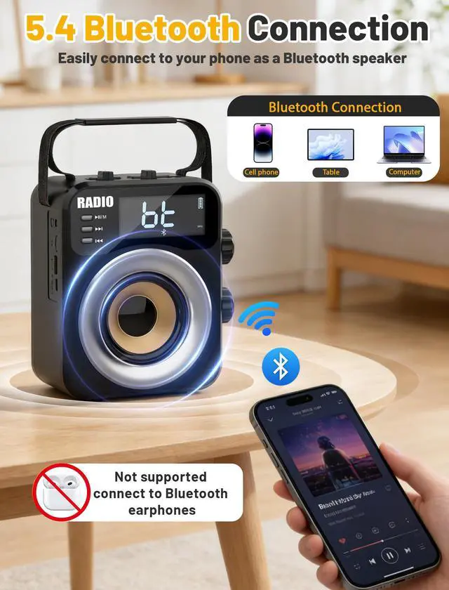 Alt view image 5 of 7 - Portable AM/FM/WB/SW Radio, 4000mAh Rechargeable & 3×D Cell Battery Powered | Bluetooth Digital Radios 10W Speaker,TF/USB Playback,LCD Display Weather Alert For Home Outdoor Emergency