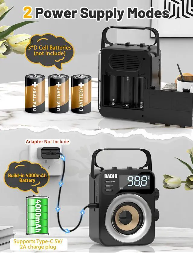 Alt view image 4 of 7 - Portable AM/FM/WB/SW Radio, 4000mAh Rechargeable & 3×D Cell Battery Powered | Bluetooth Digital Radios 10W Speaker,TF/USB Playback,LCD Display Weather Alert For Home Outdoor Emergency