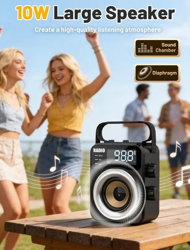 Alt view image 6 of 7 - Portable AM/FM/WB/SW Radio, 4000mAh Rechargeable & 3×D Cell Battery Powered | Bluetooth Digital Radios 10W Speaker,TF/USB Playback,LCD Display Weather Alert For Home Outdoor Emergency