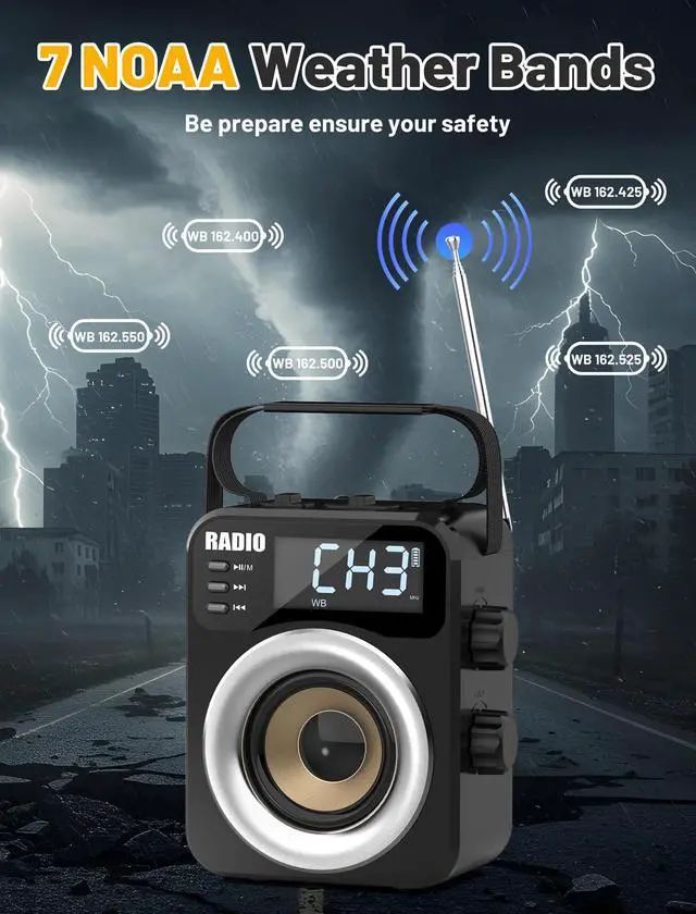 Alt view image 7 of 7 - Portable AM/FM/WB/SW Radio, 4000mAh Rechargeable & 3×D Cell Battery Powered | Bluetooth Digital Radios 10W Speaker,TF/USB Playback,LCD Display Weather Alert For Home Outdoor Emergency