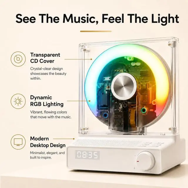 Alt view image 2 of 7 - Retro Bluetooth CD Player for Home with Speakers, Remote, USB, AUX | Rechargeable Type-C design, visible disc window, FM radio, sleep timer, gift-ready style for bedroom, dorm, and desk setups