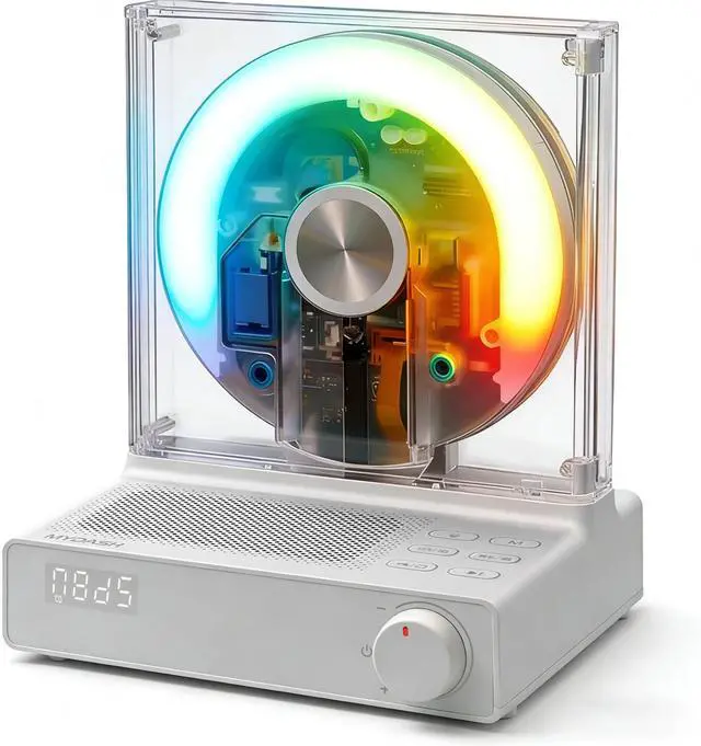 Main image of Retro Bluetooth CD Player for Home with Speakers, Remote, USB, AUX | Rechargeable Type-C design, visible disc window, FM radio, sleep timer, gift-ready style for bedroom, dorm, and desk setups