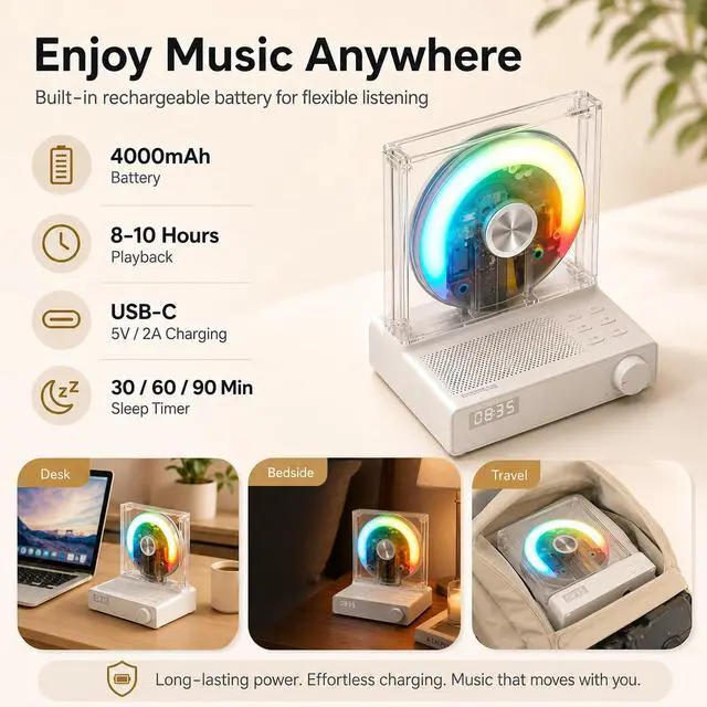 Alt view image 4 of 7 - Retro Bluetooth CD Player for Home with Speakers, Remote, USB, AUX | Rechargeable Type-C design, visible disc window, FM radio, sleep timer, gift-ready style for bedroom, dorm, and desk setups