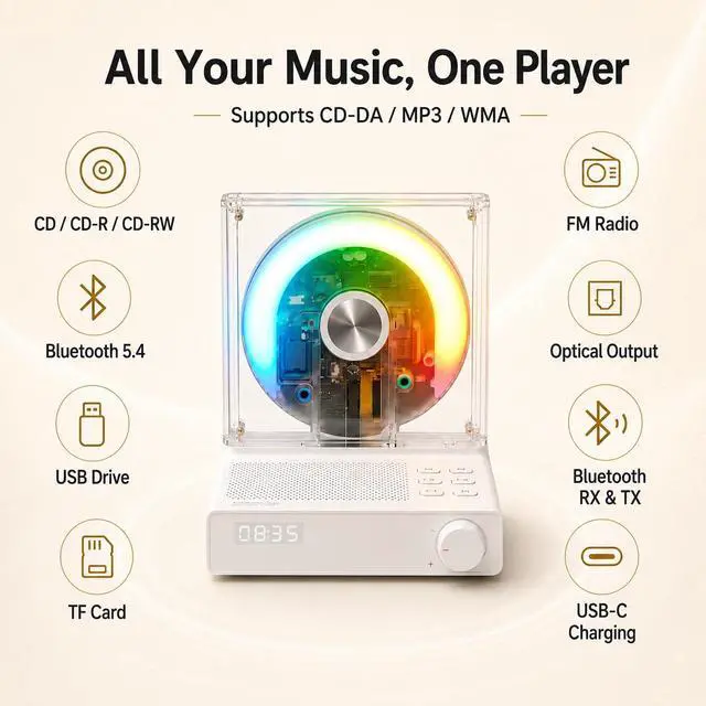 Alt view image 5 of 7 - Retro Bluetooth CD Player for Home with Speakers, Remote, USB, AUX | Rechargeable Type-C design, visible disc window, FM radio, sleep timer, gift-ready style for bedroom, dorm, and desk setups