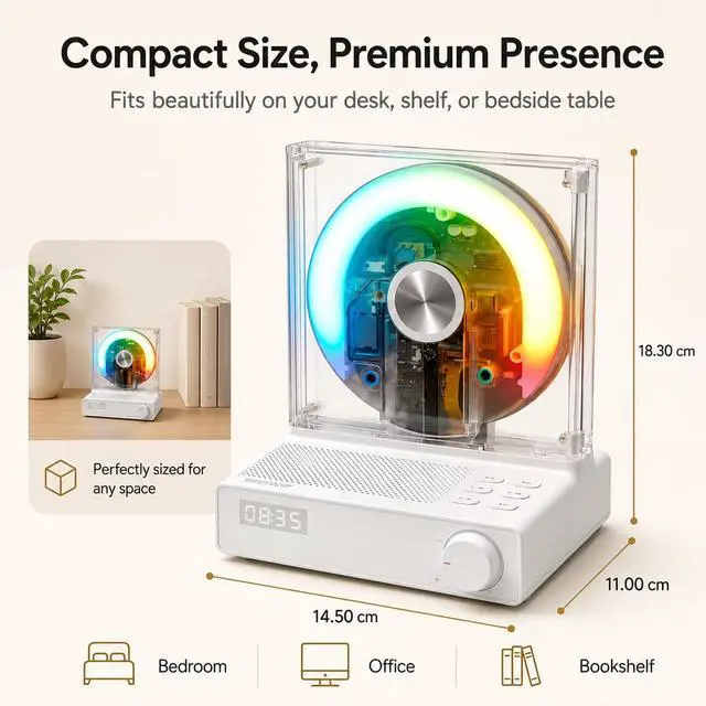 Alt view image 6 of 7 - Retro Bluetooth CD Player for Home with Speakers, Remote, USB, AUX | Rechargeable Type-C design, visible disc window, FM radio, sleep timer, gift-ready style for bedroom, dorm, and desk setups
