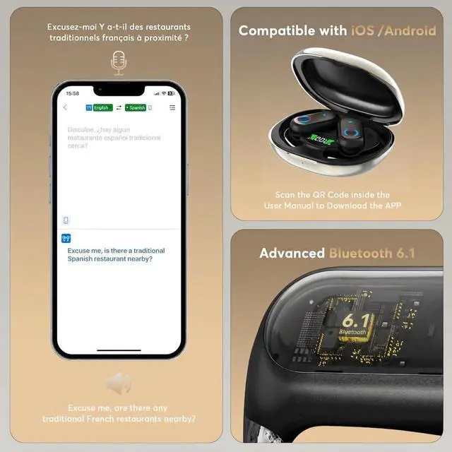 Alt view image 7 of 7 - 168 Languages AI Translation Earbuds, Bluetooth 6.1 Headphones Translator, 4-in-1 Smart Mode Touch Screen Real-Time Earphones Fit for Travel Business Learning
