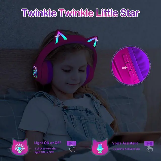 Alt view image 4 of 7 - Bluetooth 5.4 Kids Headphones with Case - RGB LED Light Up Cat Ears Foldable Adjustable Over Ear Headphone Support Wireless or 3.5mm Wired Mode for Toddler & Girls & Boys Teens