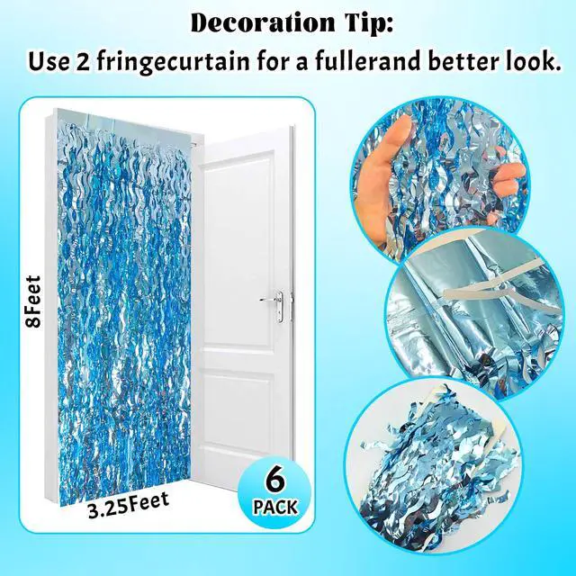 Alt view image 2 of 7 - 6-Pack Foil Fringe Curtains, Blue Under-the-Sea Party Backdrop | 3.2x6.5 Ft Wavy Metallic Tinsel Ocean Streamers for Mermaid Birthday, Beach Bachelorette, Pool, Hawaiian Luau & Photo Booth