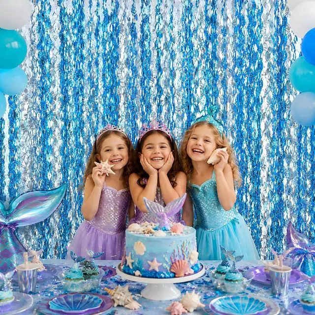 Alt view image 3 of 7 - 6-Pack Foil Fringe Curtains, Blue Under-the-Sea Party Backdrop | 3.2x6.5 Ft Wavy Metallic Tinsel Ocean Streamers for Mermaid Birthday, Beach Bachelorette, Pool, Hawaiian Luau & Photo Booth
