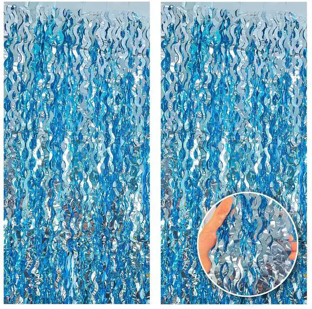 Main image of 6-Pack Foil Fringe Curtains, Blue Under-the-Sea Party Backdrop | 3.2x6.5 Ft Wavy Metallic Tinsel Ocean Streamers for Mermaid Birthday, Beach Bachelorette, Pool, Hawaiian Luau & Photo Booth