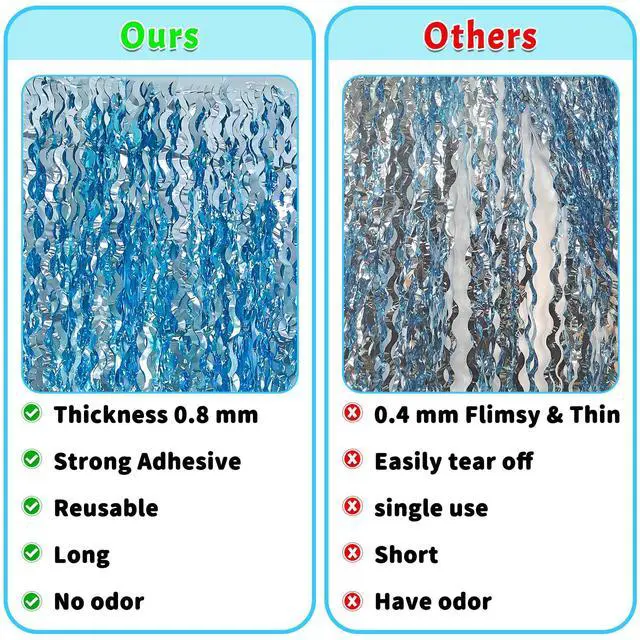 Alt view image 6 of 7 - 6-Pack Foil Fringe Curtains, Blue Under-the-Sea Party Backdrop | 3.2x6.5 Ft Wavy Metallic Tinsel Ocean Streamers for Mermaid Birthday, Beach Bachelorette, Pool, Hawaiian Luau & Photo Booth