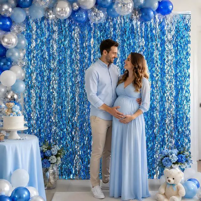 Alt view image 5 of 7 - 6-Pack Foil Fringe Curtains, Blue Under-the-Sea Party Backdrop | 3.2x6.5 Ft Wavy Metallic Tinsel Ocean Streamers for Mermaid Birthday, Beach Bachelorette, Pool, Hawaiian Luau & Photo Booth