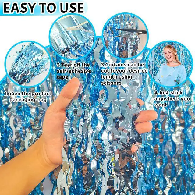 Alt view image 7 of 7 - 6-Pack Foil Fringe Curtains, Blue Under-the-Sea Party Backdrop | 3.2x6.5 Ft Wavy Metallic Tinsel Ocean Streamers for Mermaid Birthday, Beach Bachelorette, Pool, Hawaiian Luau & Photo Booth