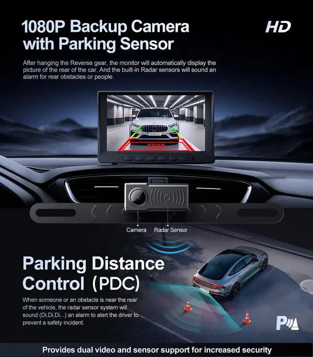 Alt view image 2 of 7 - 1080P Backup Camera with Sensors Parking Distance Control (PDC) System | Radar Sensing Warning,Waterproof, Night Vision,Rear View Camera with 7'' Monitor,for Cars/Truck/SUV/RV/Van/Trailer