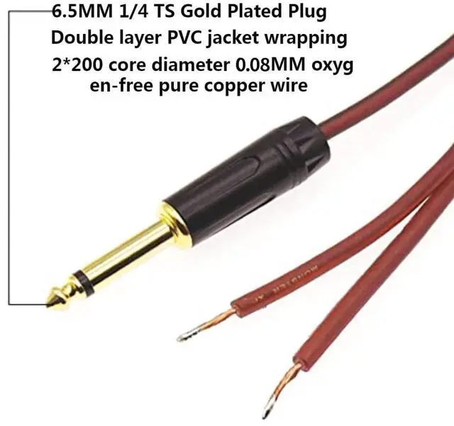 Alt view image 2 of 7 - 1/4" Gold-Plated TS Mono Plug to Bare Wire Speaker Cable -6.35mm Male Mono Adapter Replacement Open End for Guitar, Mic & DJ Gear | Hi-Fi Audio (3ft*2)
