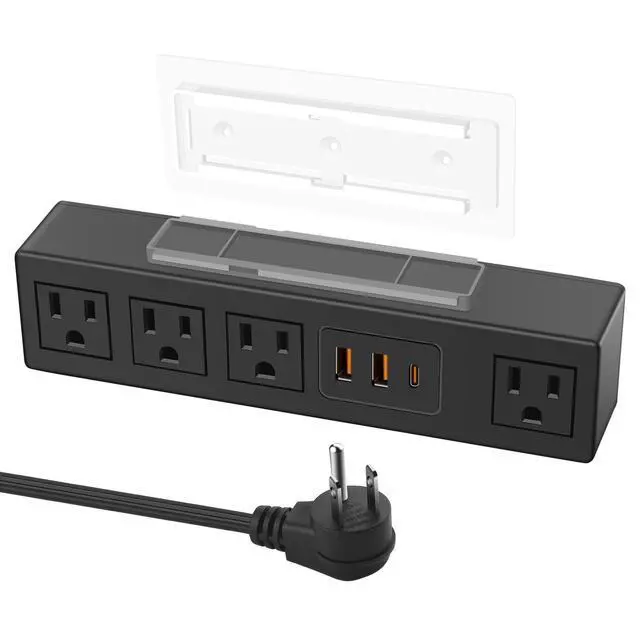 Main image of Power Strip with USB Fast Charg, Flat Plug Extension Cord, 10Ft, 30W | Under Desk Surge Protector 1200J, With Self Adhesive Holder,Wide Spaced,Desktop Edge Mount for Office Home Workshop Gaming