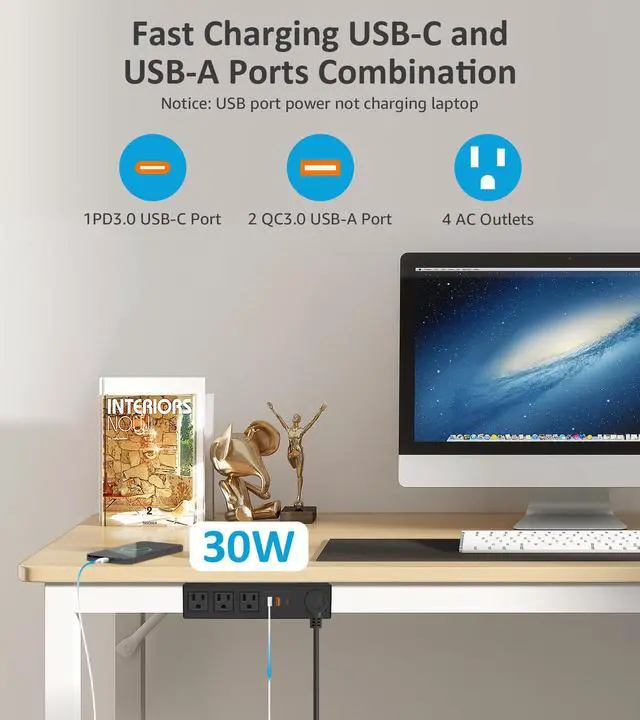 Alt view image 2 of 7 - Power Strip with USB Fast Charg, Flat Plug Extension Cord, 10Ft, 30W | Under Desk Surge Protector 1200J, With Self Adhesive Holder,Wide Spaced,Desktop Edge Mount for Office Home Workshop Gaming