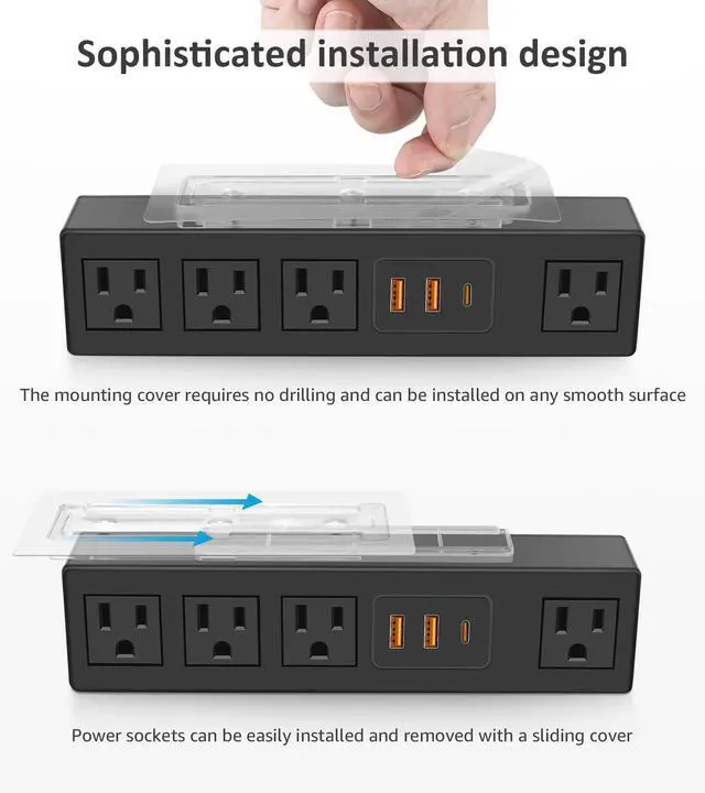 Alt view image 3 of 7 - Power Strip with USB Fast Charg, Flat Plug Extension Cord, 10Ft, 30W | Under Desk Surge Protector 1200J, With Self Adhesive Holder,Wide Spaced,Desktop Edge Mount for Office Home Workshop Gaming