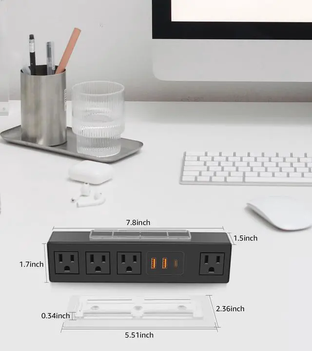 Alt view image 4 of 7 - Power Strip with USB Fast Charg, Flat Plug Extension Cord, 10Ft, 30W | Under Desk Surge Protector 1200J, With Self Adhesive Holder,Wide Spaced,Desktop Edge Mount for Office Home Workshop Gaming