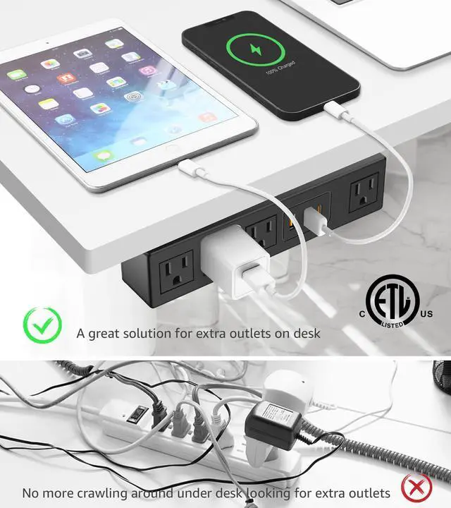 Alt view image 5 of 7 - Power Strip with USB Fast Charg, Flat Plug Extension Cord, 10Ft, 30W | Under Desk Surge Protector 1200J, With Self Adhesive Holder,Wide Spaced,Desktop Edge Mount for Office Home Workshop Gaming