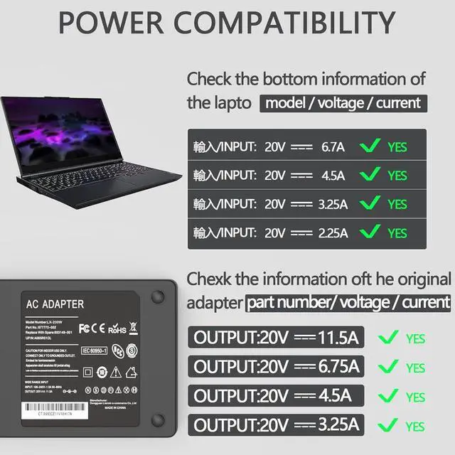 Alt view image 3 of 7 - 230W Laptop Charger Compatible with Lenovo Legion 5 7 5P S7 15ach6 | For Lenovo Legion 5 7 5P C7 S7 Y540 Y545 Y740 Y730 Y900 Y910 Y920 Y7000 Thinkpad P1 P73 P53 P72 P52 P71 P51 P70 Power Adapter
