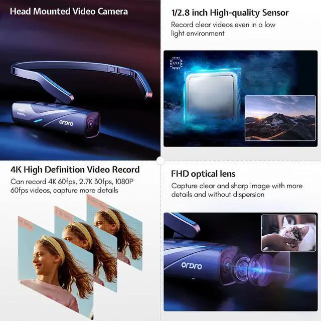 Alt view image 3 of 7 - EP8 Head Mounted Camera, 4K 60FPS Video Camera | 2-Axis Gimbal Stabilizer | Wearable Camcorder for Vlogging | WiFi & Remote Control | Includes 64GB Card