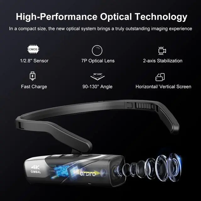 Alt view image 2 of 7 - EP8 Head Mounted Camera, 4K 60FPS Video Camera | 2-Axis Gimbal Stabilizer | Wearable Camcorder for Vlogging | WiFi & Remote Control | Includes 64GB Card